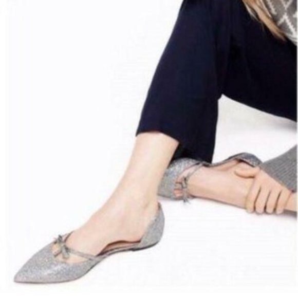 J. Crew Sloan Glitter D'Orsay Flats with mini bow - Silver Metallic - Size 6 - Picture 2 of 12